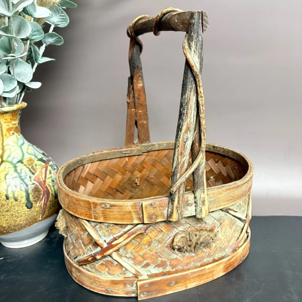 Vintage Woven Basket | Rustic Oval Gathering Caddy | Wood Fairycore Decor